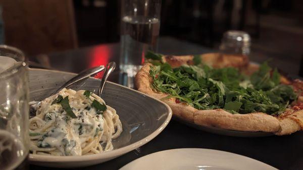 Pasta funghii and veggie pizza