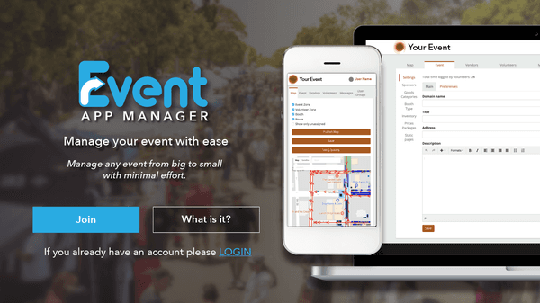 Landing Page for "Event App Manager".