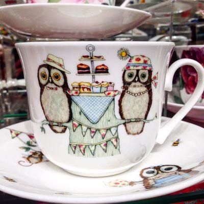 cup with saucer, owls, fine bone china