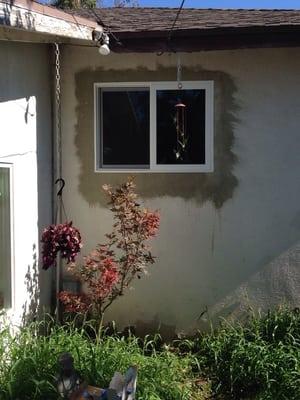 Nail on with stucco patch.