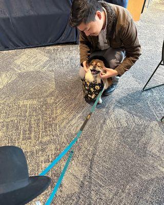 My dog saying her daily hello to  Ted, she's not usually in costume, but she never misses a chance to say hi!