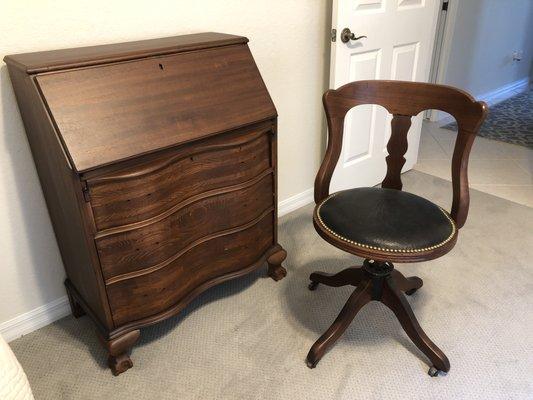 The secretaries desk and the chair were both in very rough shape and they did an excellent job of repairing them. Thank you Earl and Jaime