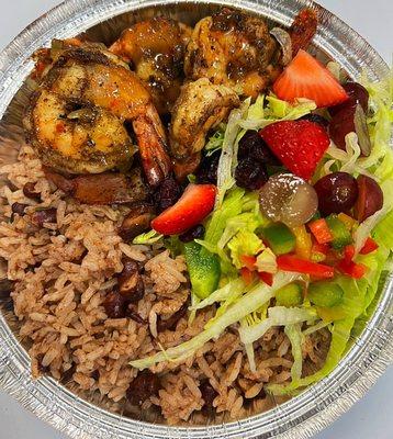 Grilled shrimp rice & peas