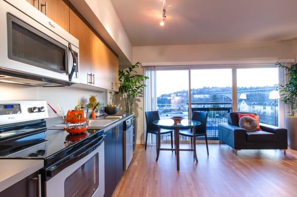 View of the kitchen and living room in the Studio