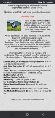 Prices and grooming services