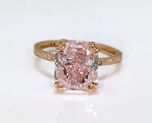 3ct Fancy Pink radiant diamond on 18k rose gold diamond ring.