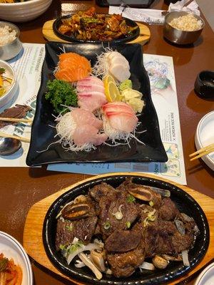 Spicy Stir-Fried Squid, Combo D Sashimi, beef ribs.