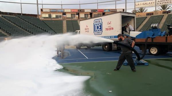 Crystal Ice creating snow on a stadium field in Los Angeles.