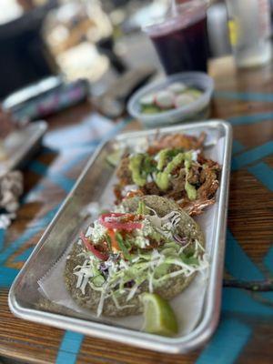 Fried avocado taco, Suadero (Brisket) Taco