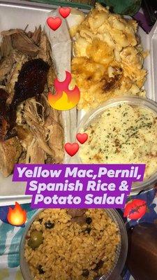 Spanish rice potato salad pernil pork shoulder yellow mac and cheese