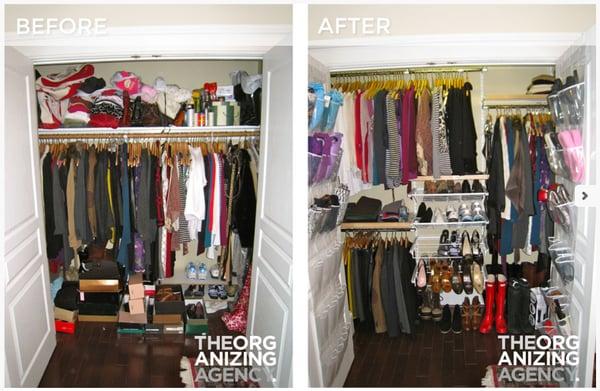 Typical cluttered closet.  We removed the single shelf and pole and created a new system for his clothing and linen storage.