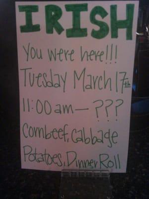 Come join us for st. Patty's day. Serving food all day.