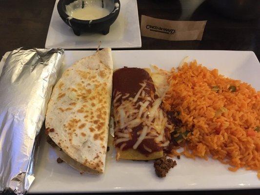 The triple combo- taco, quesadilla, enchilada & rice