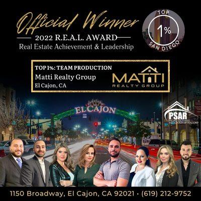 Matti Realty Group has been in the Top 1% in San Diego County 4 years running!