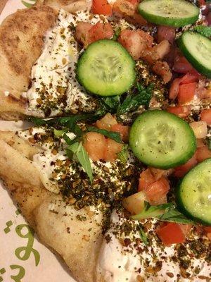 Lebanese Bride ~ handcrafted labneh topped w/za'atar, tomatoes, cucumbers, mint & olive oil ~ SOOOO GOOD!