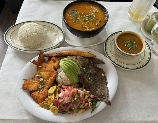 Bandera Ecuatoriana (customized with shrimp ceviche, grilled beef, and breaded chicken), Caldo de Bola