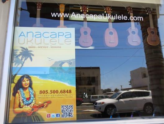 front window of Anacapa Ukulele right on Main Street - no big sign. If you're not looking for it, you'll drive right past it.