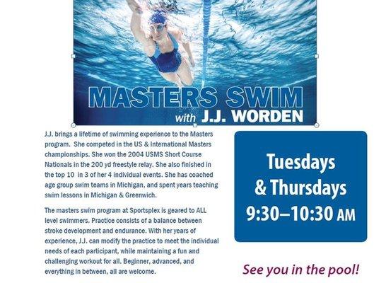 Masters Swim with Coach J.J. Worden: Tues + Thurs 9:30-10:30am