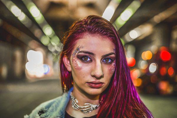 Edgy Portrait, night life, street lights, Bokeh