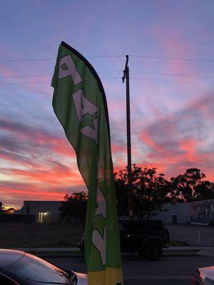 Beautiful sunset in front of the store.