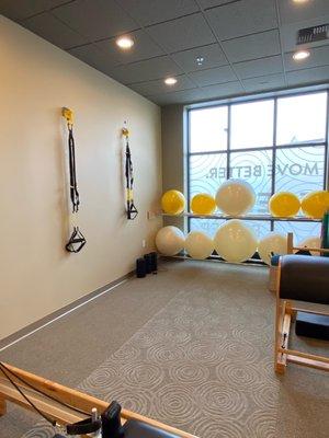 Plenty of room, TRX, all Pilates equipment.