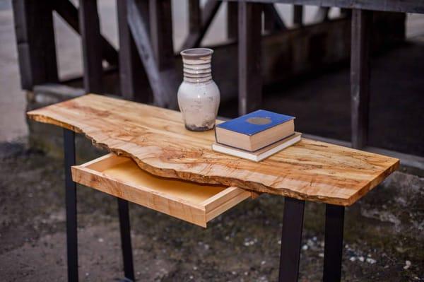 Spalted maple entry table w/ drawer, custom steel loop base.