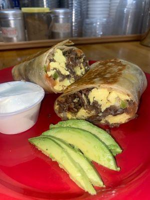 Steak Breakfast Burrito with no potatoes.