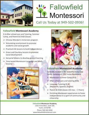 Fallowfield Montessori Academy. K-6 After School Care, Language Tutoring, and Parent & Child classes. Call us today at 949-502-0936!