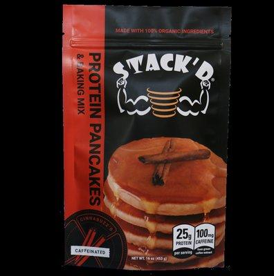 STACK'D Cinna Buzz'd Protein Pancakes - 25 grams of Protein per serving.  230 calories.  100 mg of caffeine from green coffee extract.