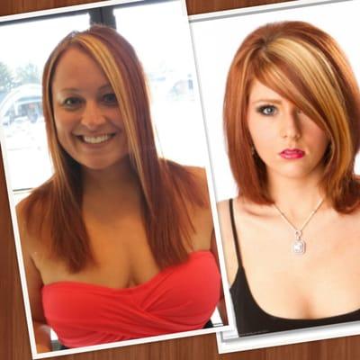 Hair transformation, from blonde to red with blonde face framing highlight.