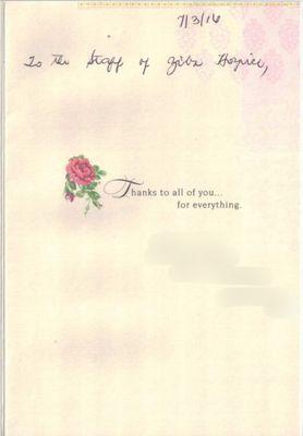 One of many "Thank You" cards from the families of our Ziba Hospice patients...