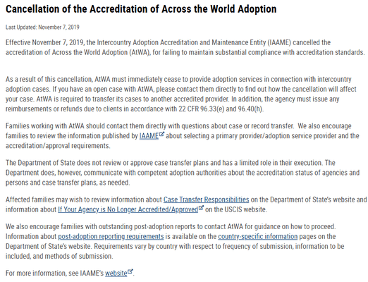 Cancellation of Accreditation of Across the World Adoptions