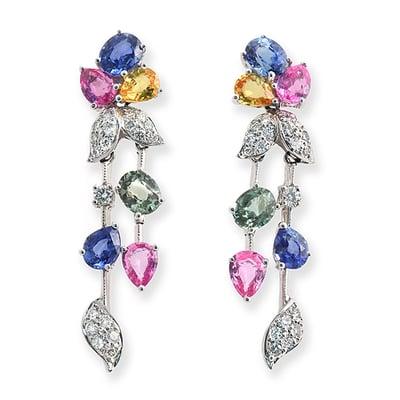 Show your pride and sophistication with a rainbow of color. Multicolor Oval/Pear-Shape Sapphire and Round-cut Diamond Earrings,