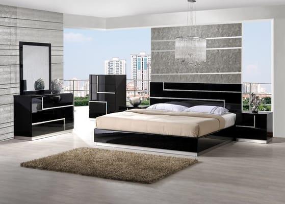 Moda - Contemporary Black Bedroom Set. "Bed, 2 Nightstands, Double Dresser and mirror. Chest is available."