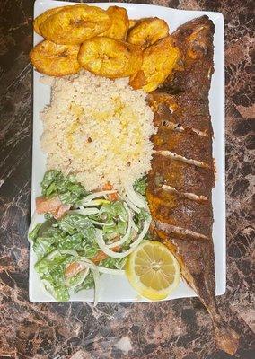 Rice, Fish, Salad, And Plantain