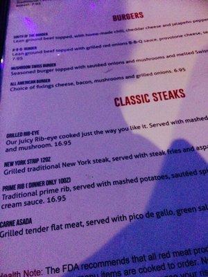 Steak menu