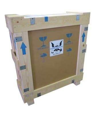 A museum crate utilizes heat treated pine, 3/8" MDO, 2" museum foam, fully lined gaskets and bolt set closures, siliconed at the seams.