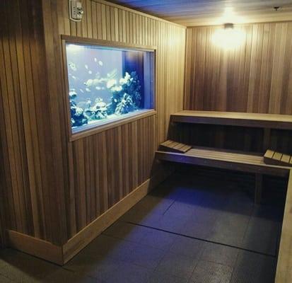 Custom sauna with custom fish tank.