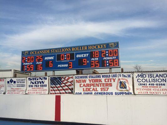 A outdoor hockey scoreboard extremely close to the ocean holding up against the elements!