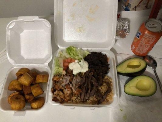 Chicken and steak platter, plantains... Avocado not included