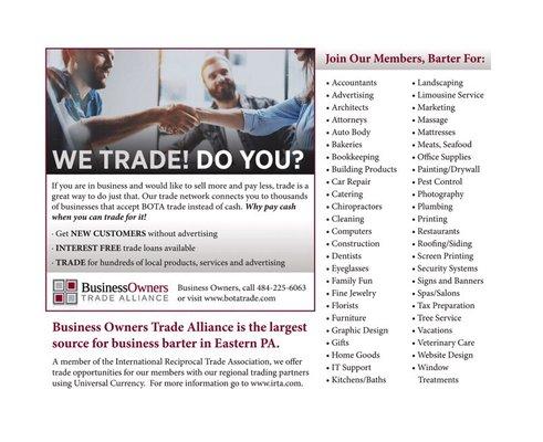 Save tons of cash and get new customers the easy way. Trade with BOTA, the largest private barter group for business owners in eastern PA.