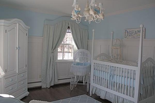 Peachy Keen Kids' Boy Nursery. Furniture:Newport Cottages, Crib Bedding: Nava Designs, Custom Window Treatments