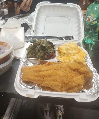 Fried Catfish, collard greens and macaroni and cheese