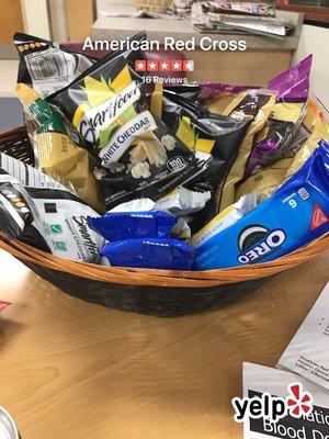 Snack central! In a totally fair trade, you can give blood/platelets/plasma for free snacks. Hello Oreos!!