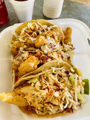 2 shrimp tacos and 1 fish taco