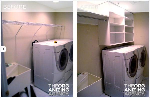 All good laundry spaces should have a place for supplies and for hanging clothes as they come out of the dryer.