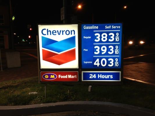 Chevron glows at night.