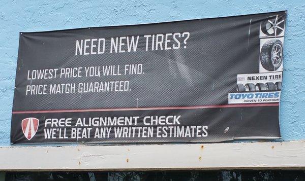 Need new tires? give us a call with your tire size!  Free alignment check with the purchase of 4 tires!