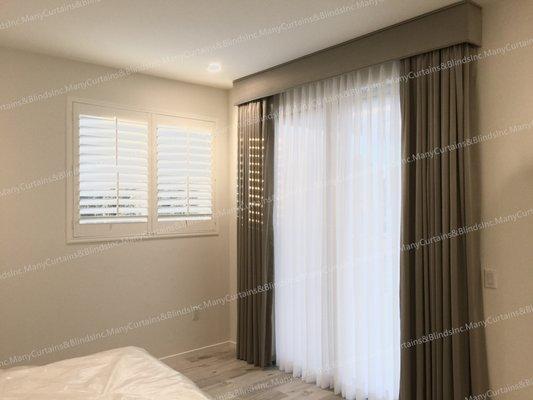 Pinch Pleats drapes and sheers decor w/ wooden cornice/valance in same fabric for sliding door. Shutters for small windows in bedroom