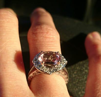 My beautiful custom designed morganite and diamond engagement ring Tony created.